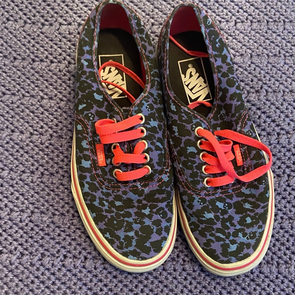 Vans Blue and Black Leopard Sneakers with Pink Highlights